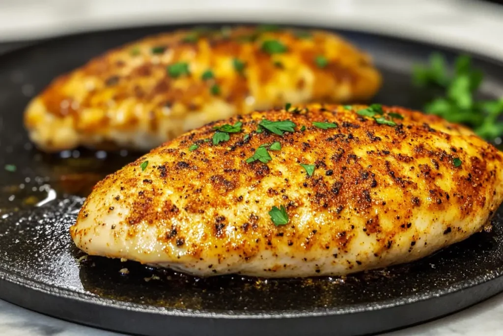 Perfectly seasoned chicken breast sizzling on a Blackstone griddle with a golden crust.