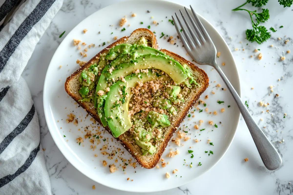 Half-eaten avocado toast on a white marble kitchen counter