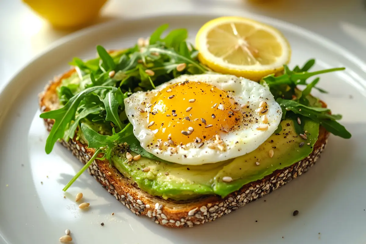 Toast topped with arugula, seeds, and herbs