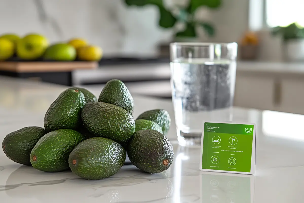 Avocados on a counter with infographic about water use