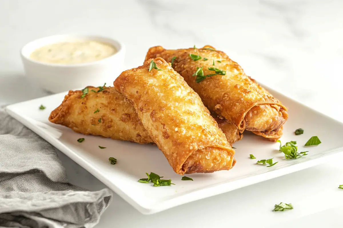 Crispy air-fried egg rolls on a plate with dipping sauce.