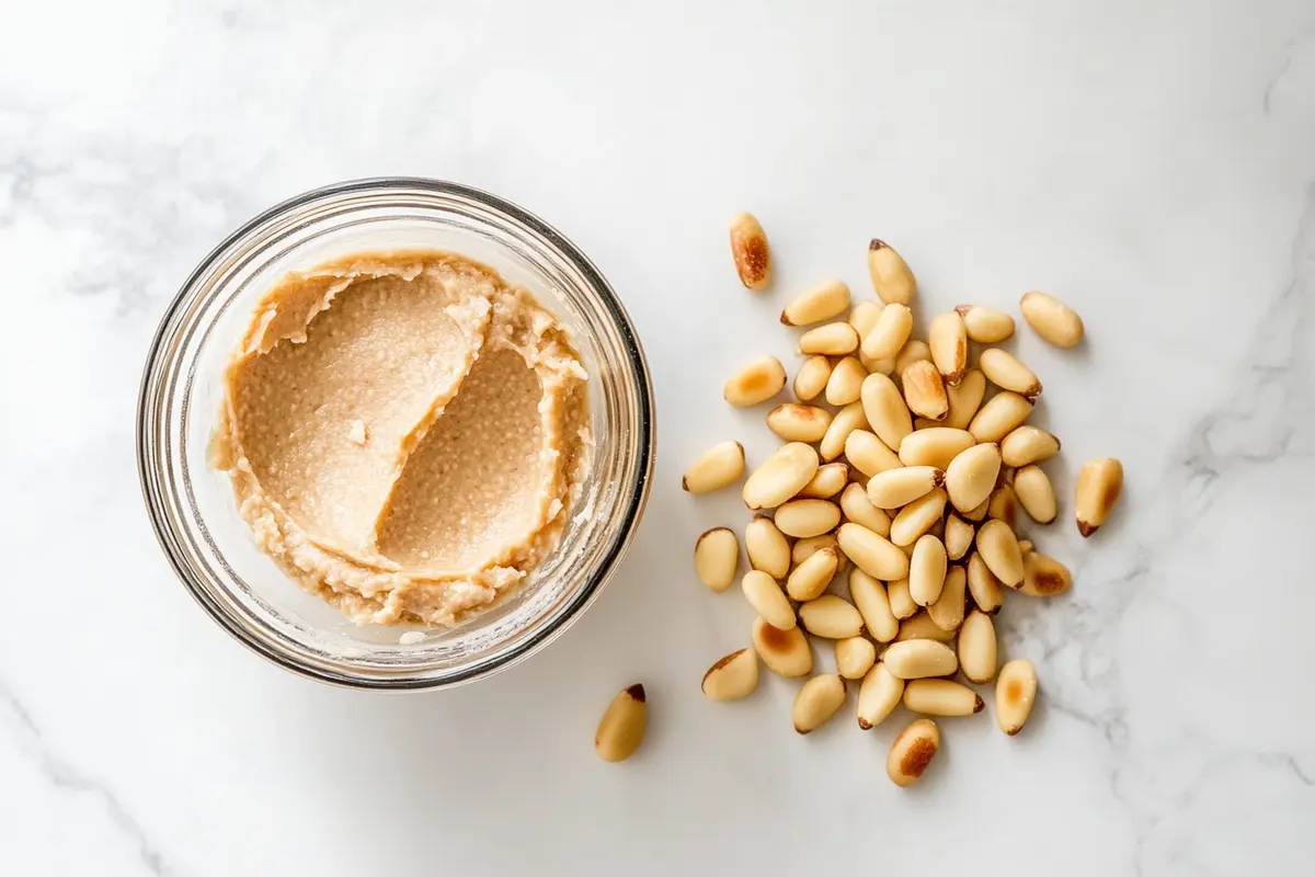 A baker shaping pignoli cookies by pressing dough into pine nuts.
