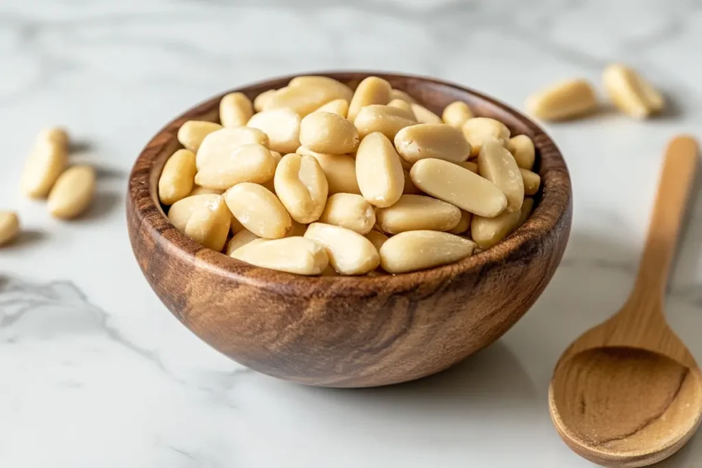 Close-up of a bowl of pignoli (Mediterranean pine nuts) on a white marble kitchen counter.