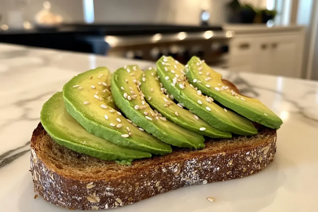 Close-up of avocado toast on whole grain bread in a white marble kitchen