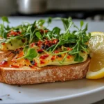 Avocado toast with chili flakes and microgreens on marble countertop