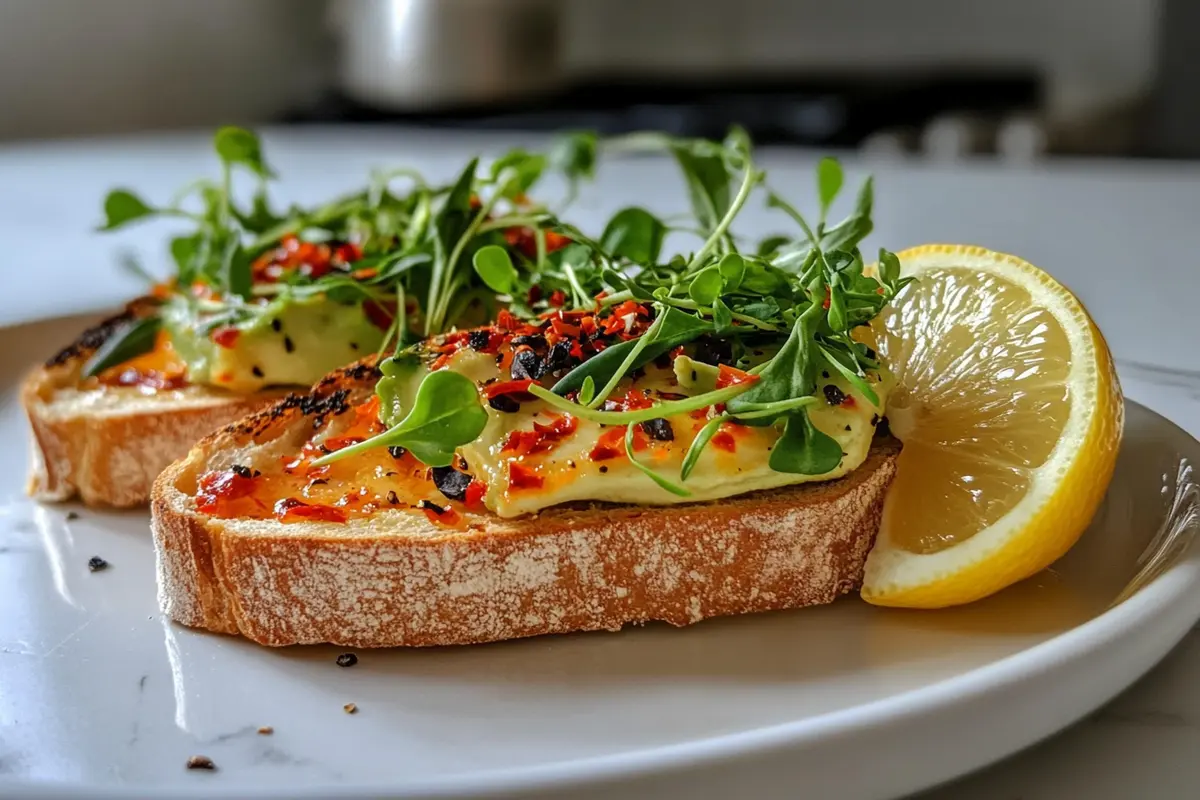 Avocado toast with chili flakes and microgreens on marble countertop