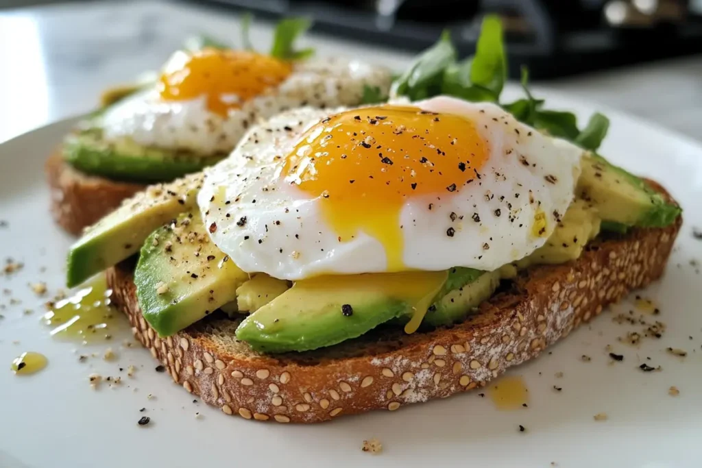 Whole-grain toast with avocado and poached egg on a marble kitchen counter