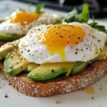 Whole-grain toast with avocado and poached egg on a marble kitchen counter