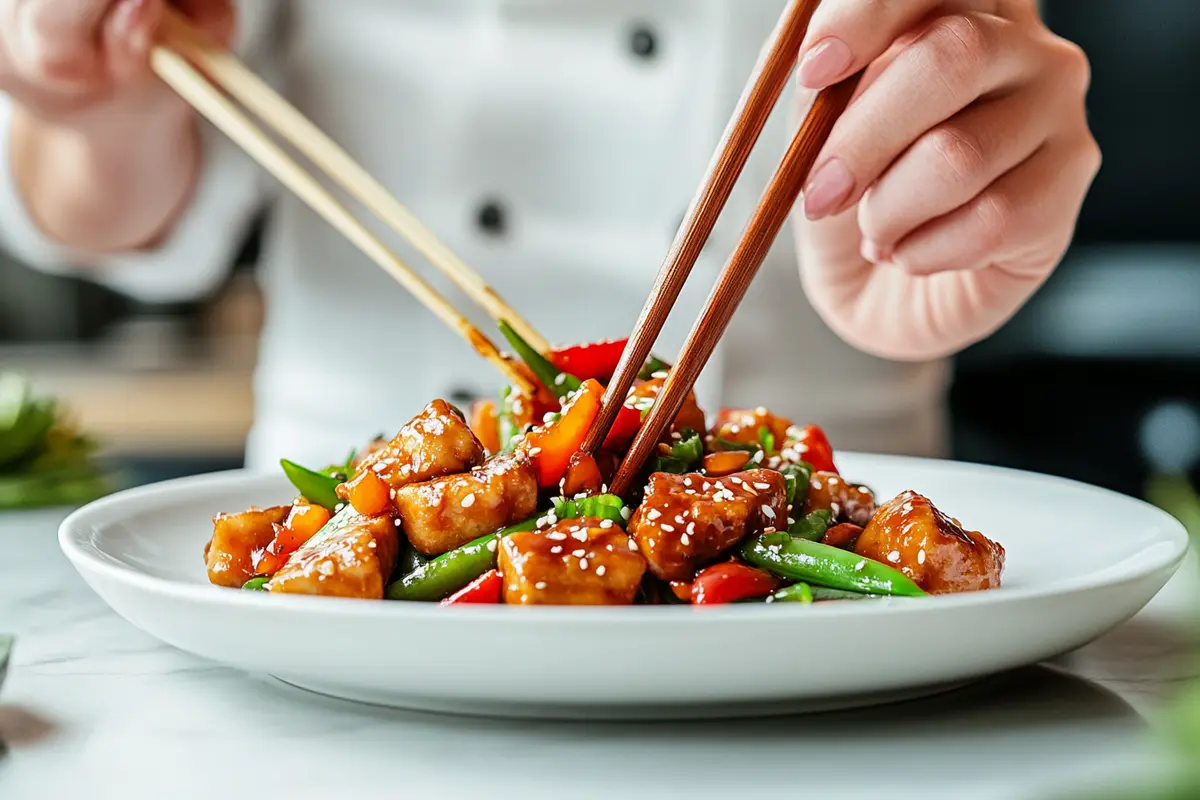 Chef plating a colorful stir-fry with chopsticks
