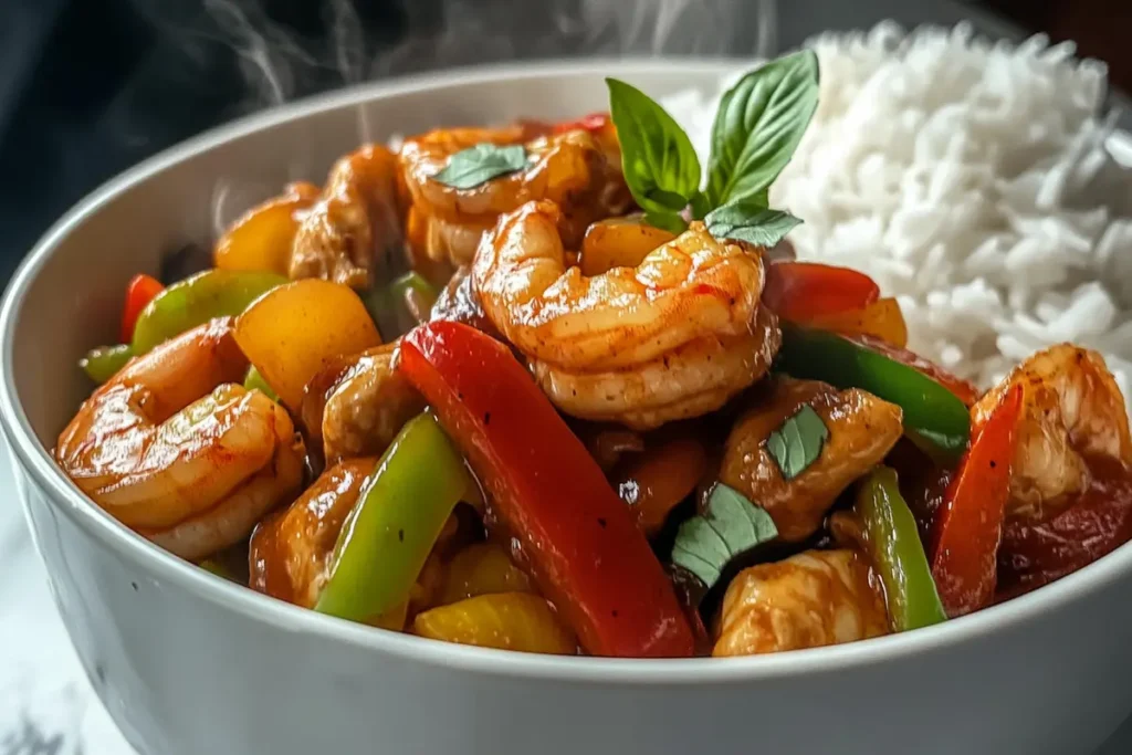 Chicken and Shrimp Stir Fry served in a bowl on white marble