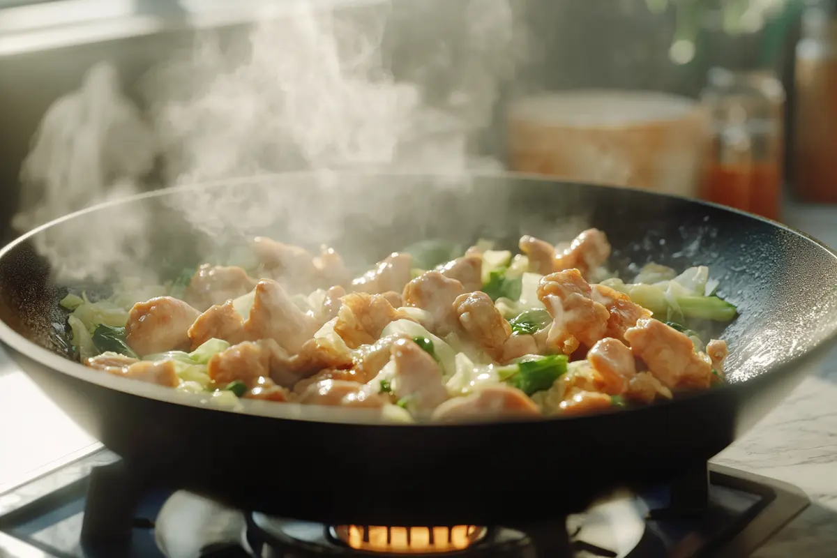 Sizzling chicken and vegetables cooking in a wok