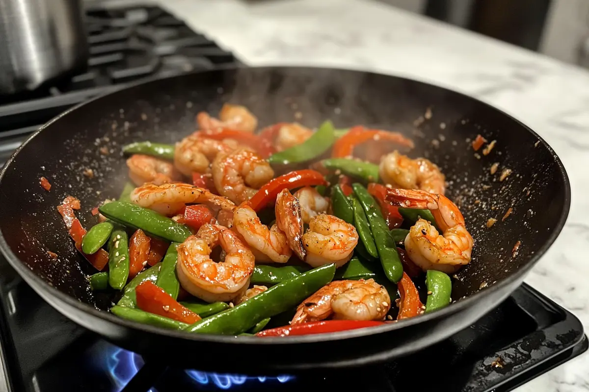 Chicken and shrimp being stir-fried with vegetables in a wok