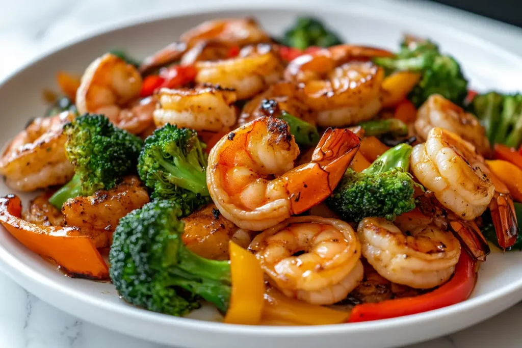 Chicken and shrimp stir fry on a white ceramic plate with vegetables and soy glaze
