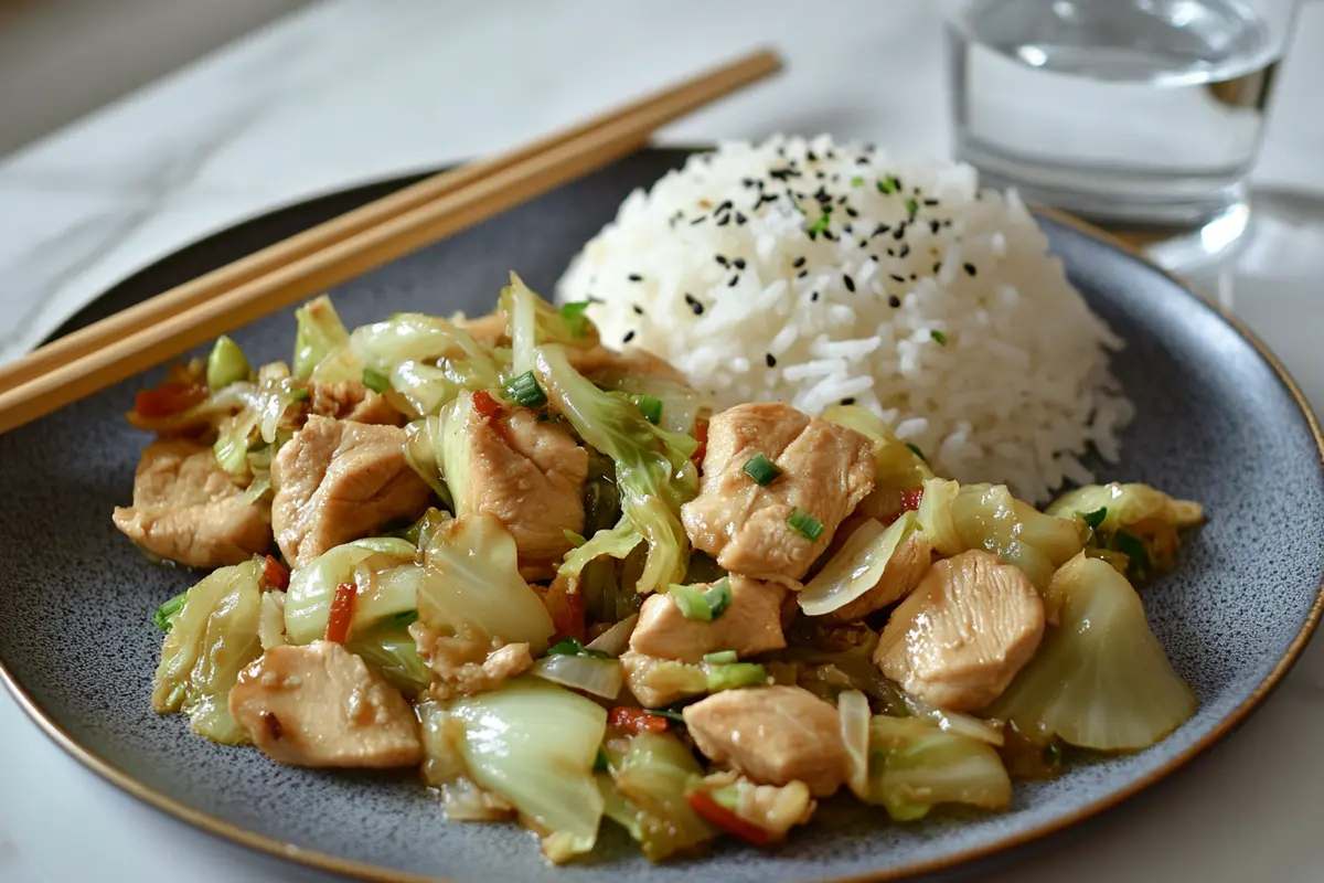  Chicken cabbage stir fry served with rice and chopsticks