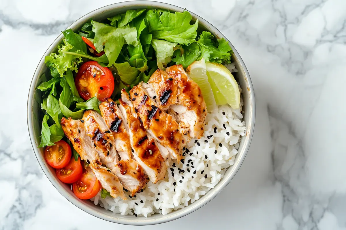 Chicken teriyaki rice bowl made in a rice cooker on kitchen marble
