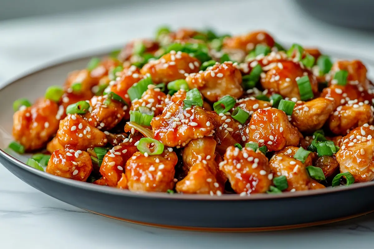 Chicken stir fry served on a white plate in a cozy kitchen 