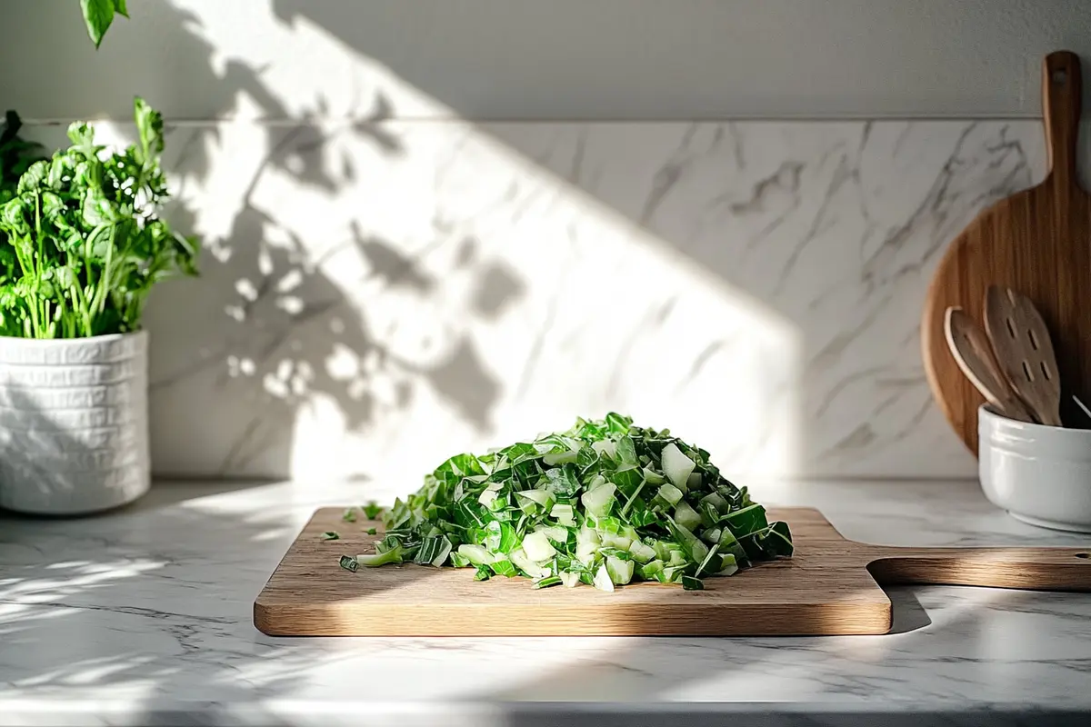 Chopped green cabbage on a cutting board in a white marble kitchen