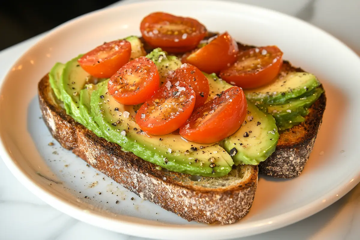 Avocado toast seasoned with salt, pepper, and tomatoes