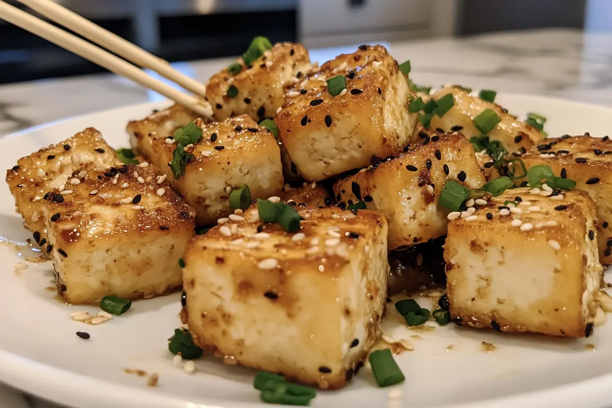 Golden crispy tofu cubes garnished with sesame and scallions on white marble
