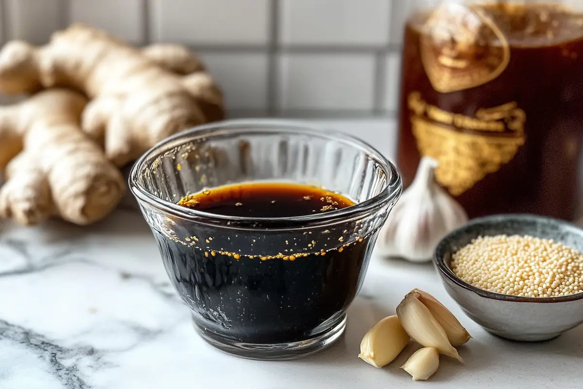 Essential stir-fry ingredients including oyster sauce, sesame oil, garlic, ginger, and cornstarch