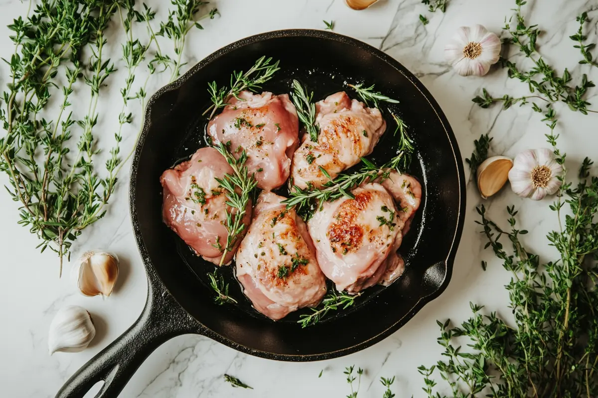 Raw chicken being seared in a cast iron skillet with herbs and garlic.