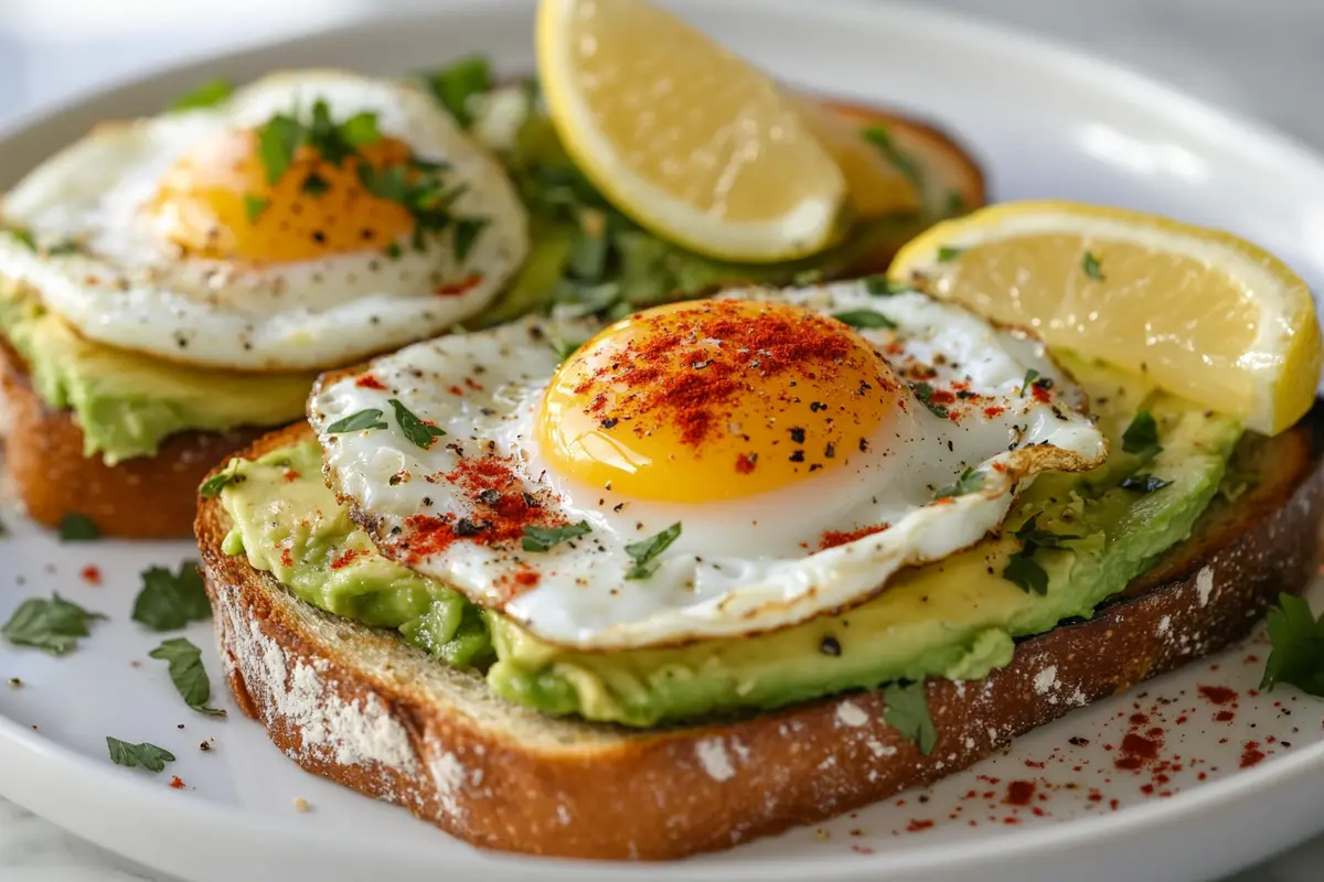 Toast dish garnished with fresh herbs, paprika, and lemon
