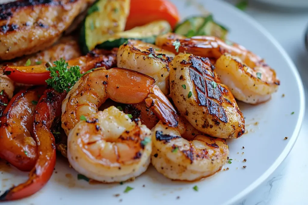Cooked shrimp and chicken on a plate with grilled vegetables