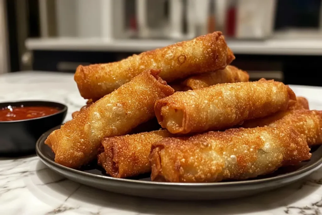 Freshly made crispy shrimp egg rolls served on a plate with dipping sauce.