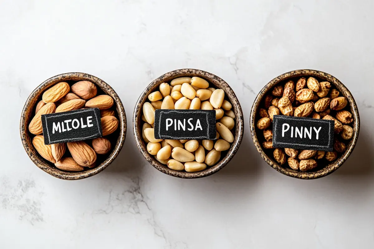 Three small bowls containing different types of pine nuts on a marble countertop.