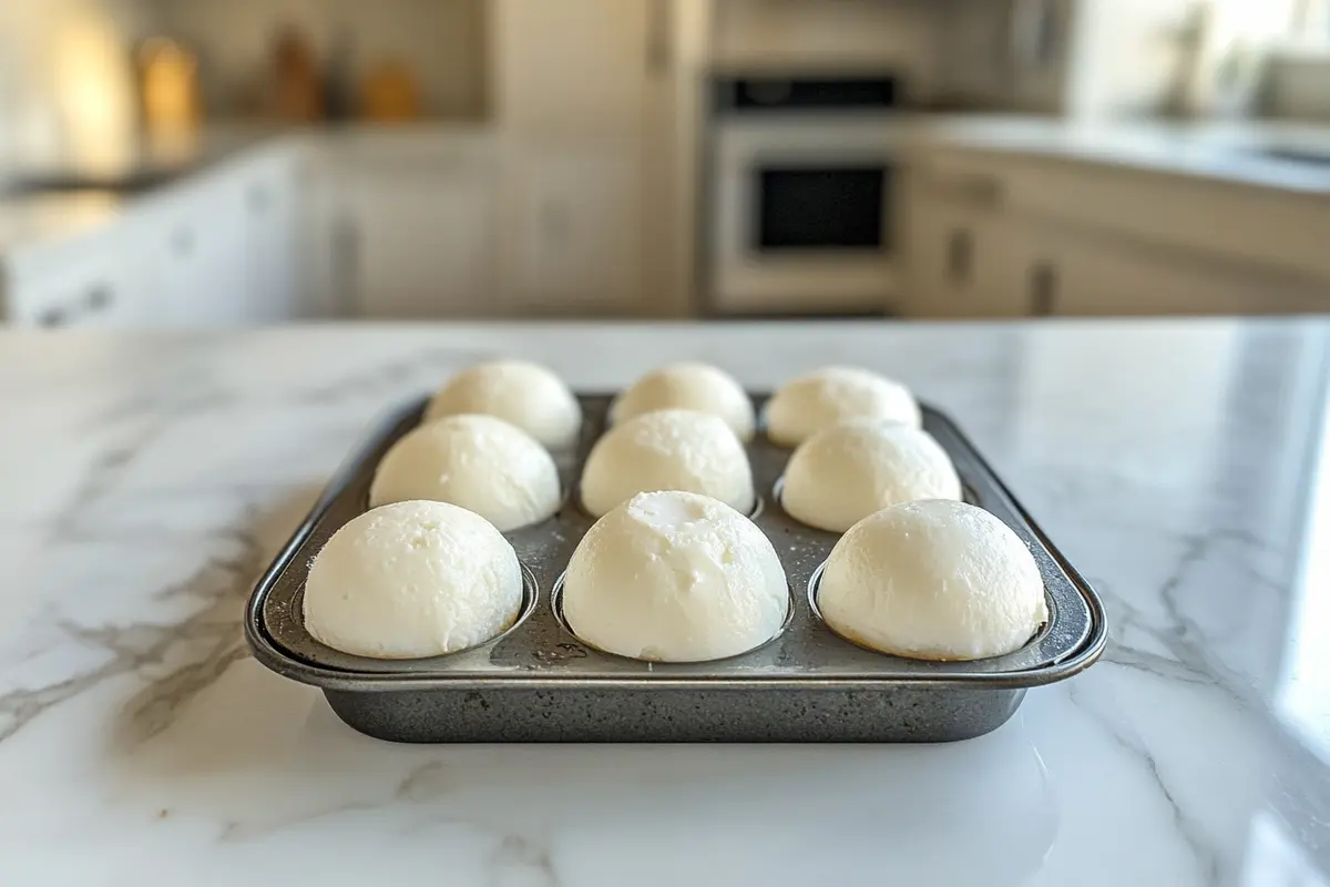 Collapsed egg white bites in a muffin tin on a kitchen countertop.