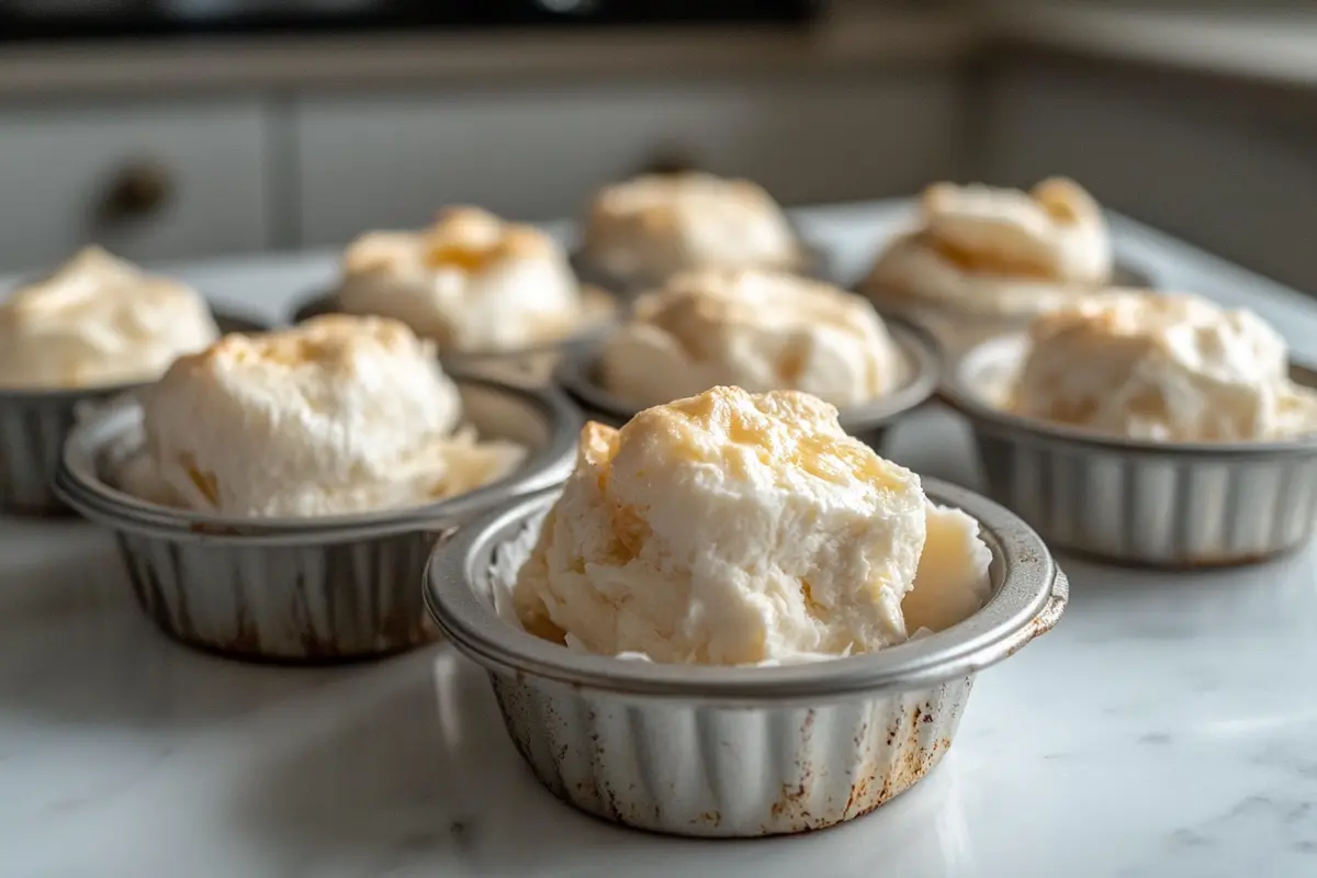 Collapsed egg white bites in a muffin tin on a kitchen countertop