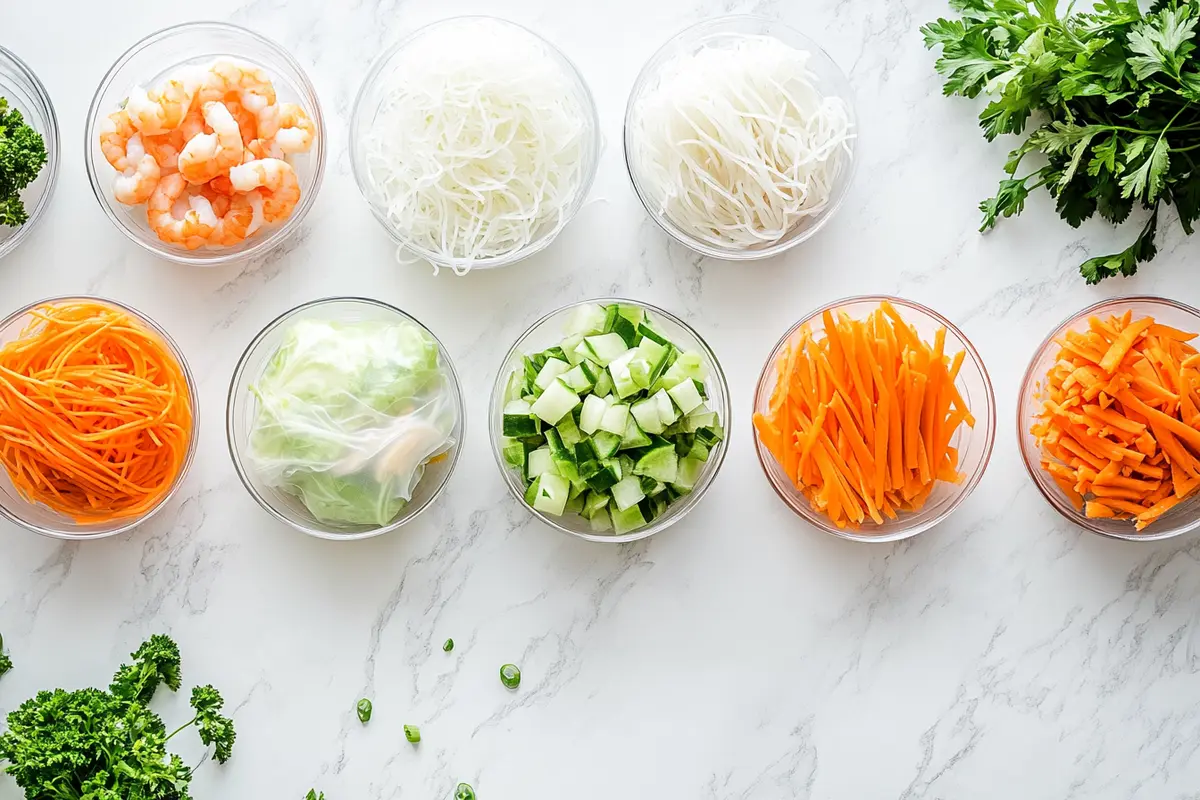 Fresh ingredients used in spring rolls and egg rolls, neatly arranged on a marble countertop.