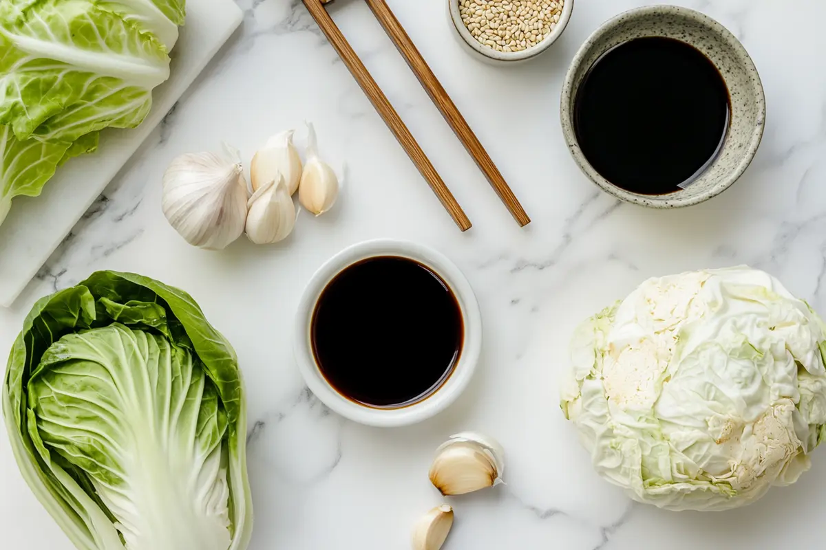 Flat lay of stir-fry ingredients on white marble counter