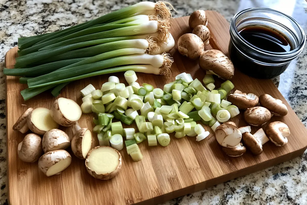Stir-fry ingredients on cutting board with soy sauce, garlic, ginger, and mushrooms