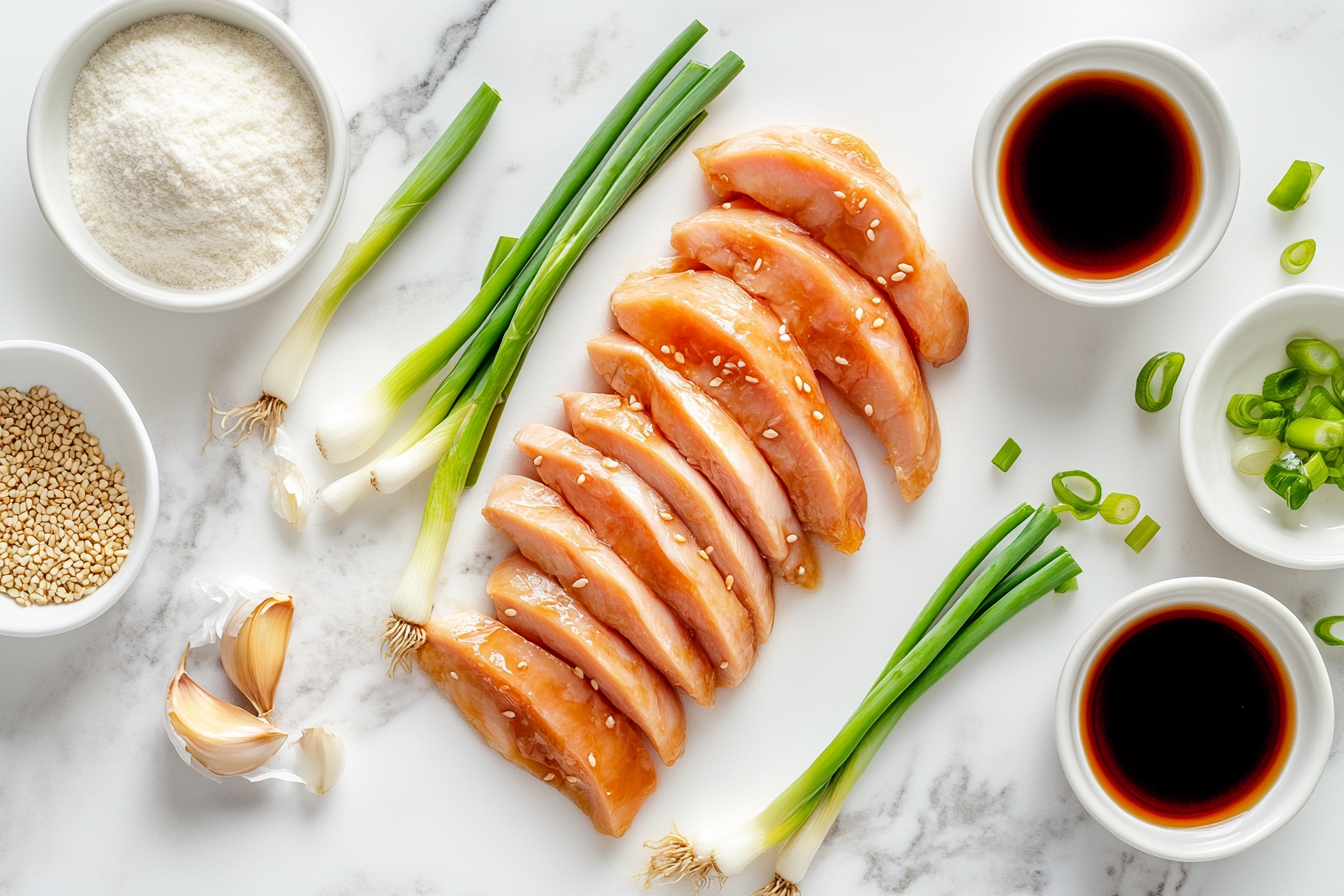 Flat lay of cooking ingredients on a white marble countertop