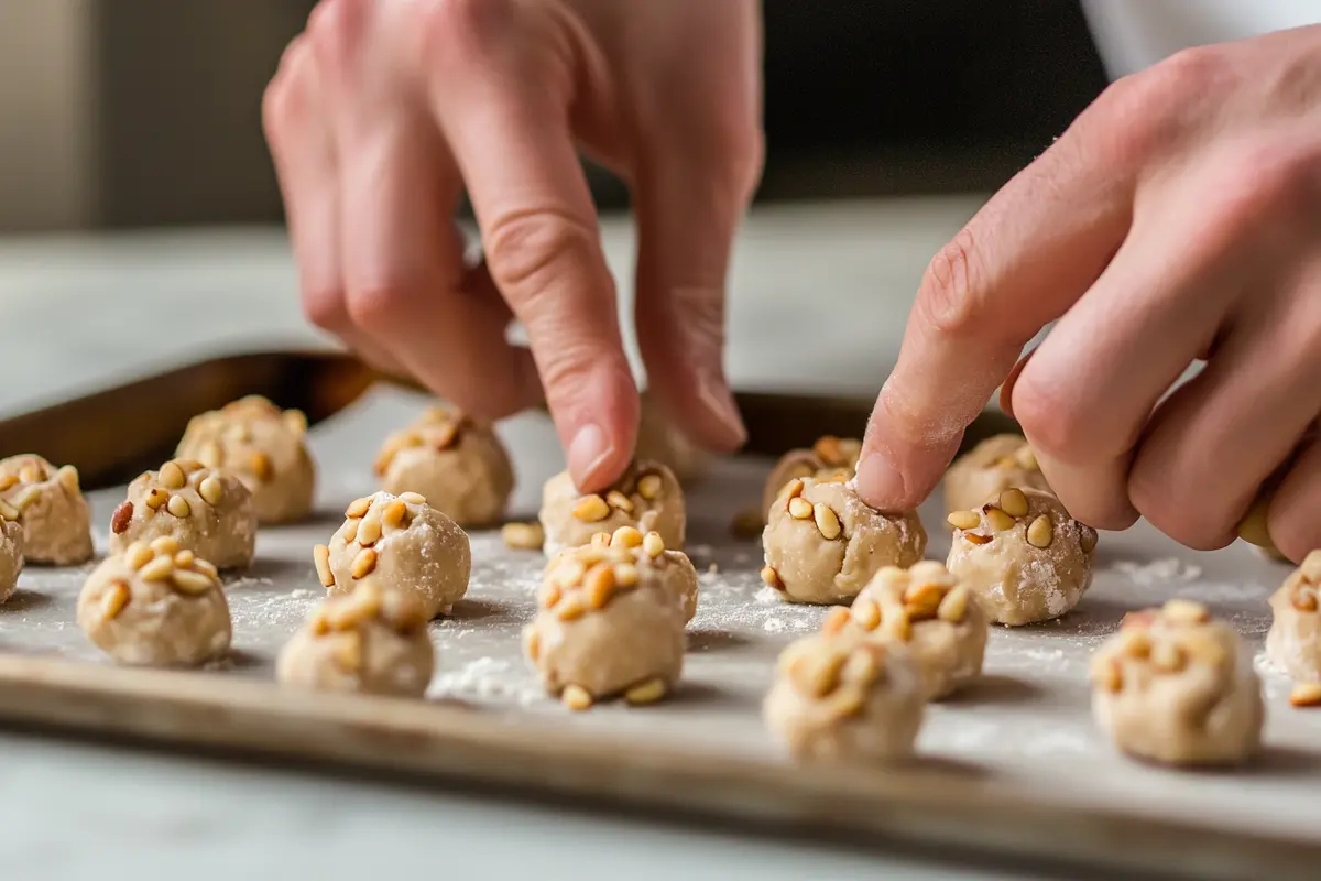 A baker’s hands rolling pignoli cookie dough and coating it with pine nuts.