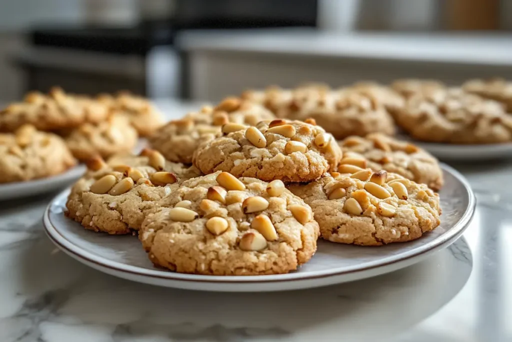 A close-up of freshly baked pignoli cookies on a white marble kitchen counter.