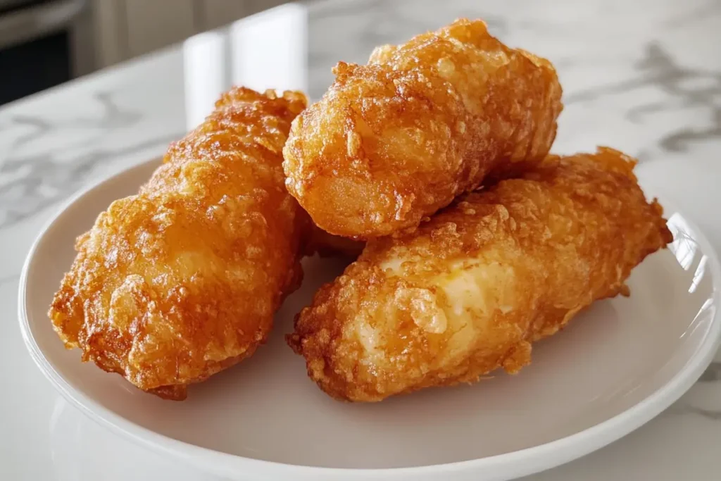 Close-up of freshly fried crispy egg rolls on a plate in a kitchen.