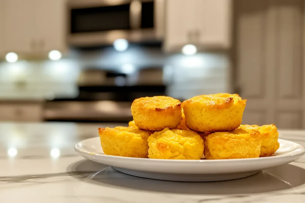 Freshly baked egg white bites stacked on a white plate in a kitchen.