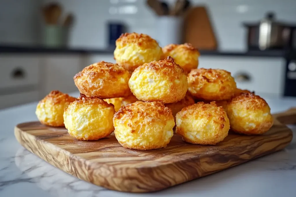 Freshly baked egg white bites stacked on a wooden board in a kitchen