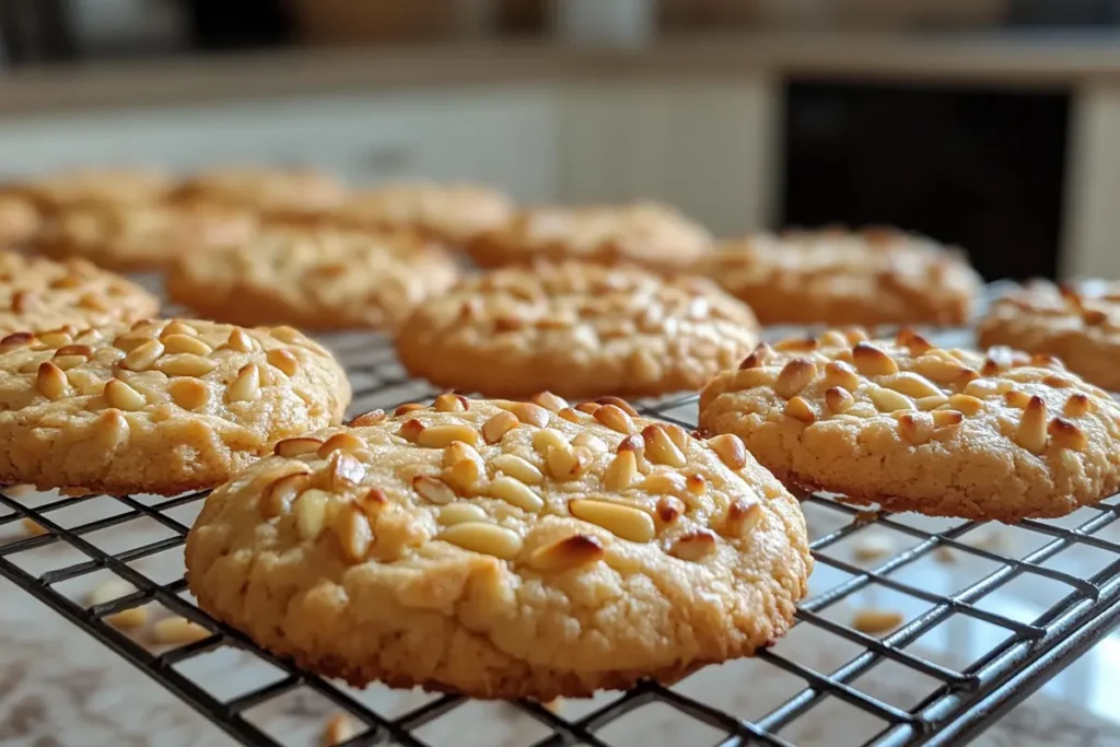 Freshly baked pignoli cookies resting on a cooling rack in a kitchen.