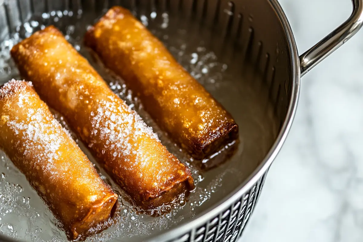 Frozen egg rolls sizzling in a deep fryer basket, with ice crystals visible.