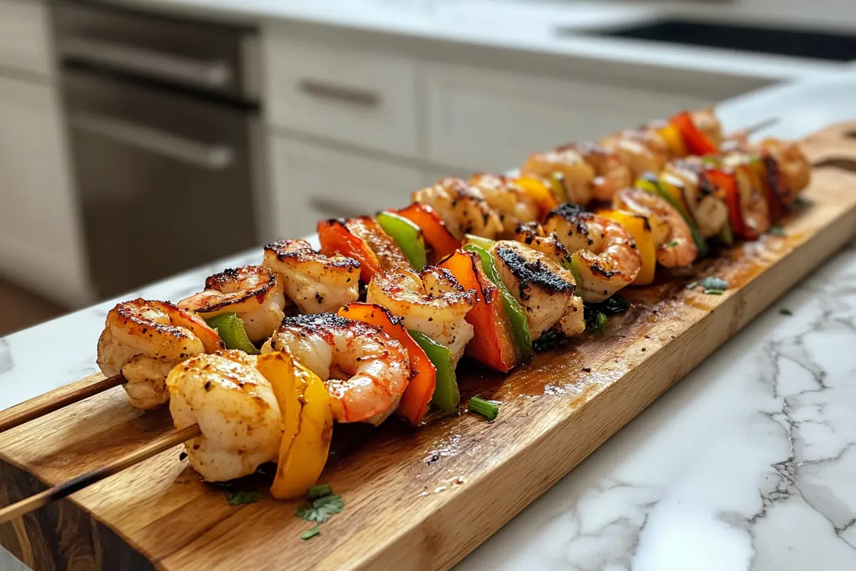 Grilled chicken and shrimp skewers with vegetables.