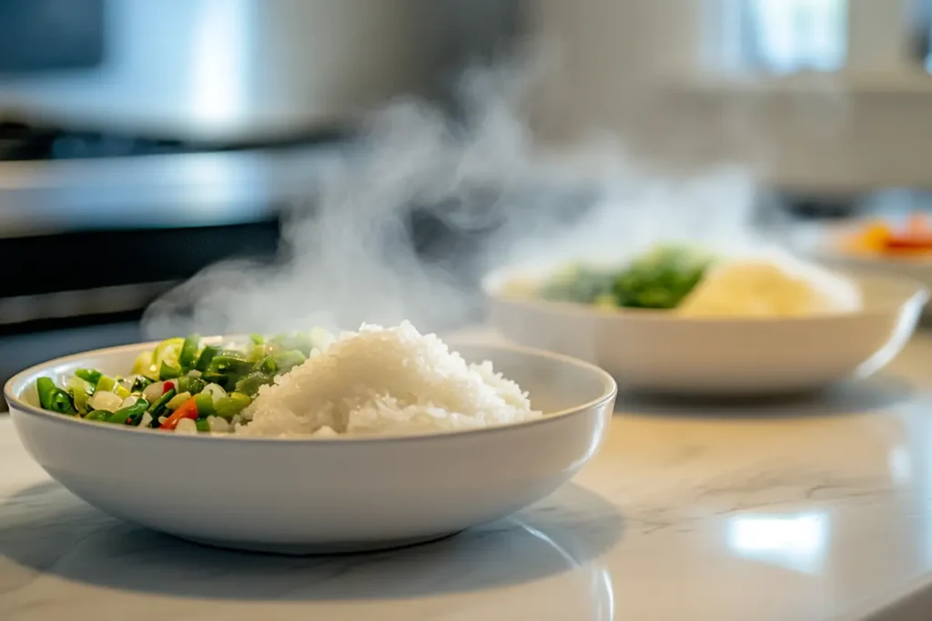 Homemade rice cooker meals served on white plates on kitchen marble