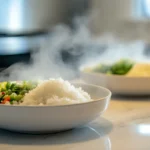 Homemade rice cooker meals served on white plates on kitchen marble