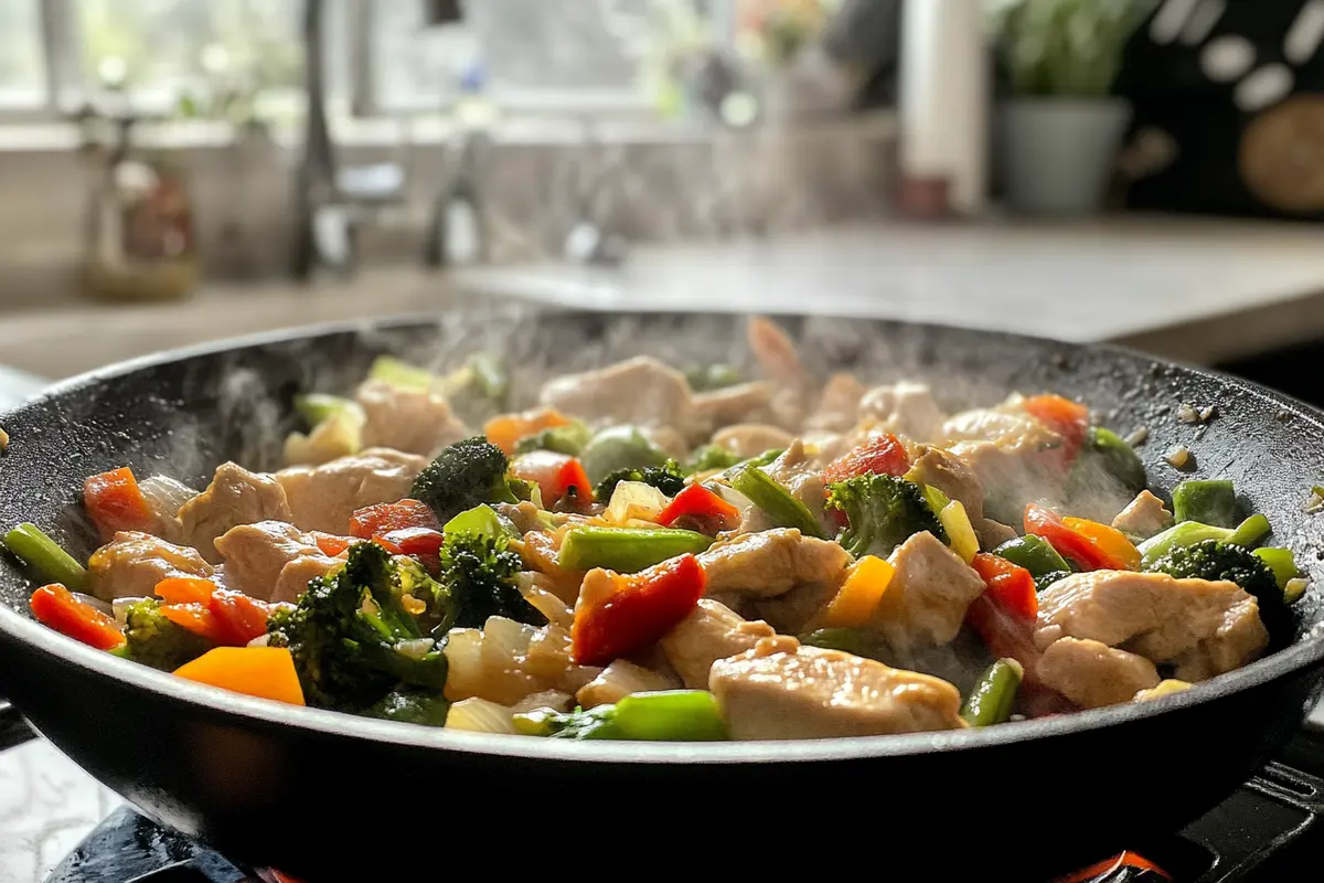 Stir-fry being cooked in a hot wok with steam and fresh ingredients