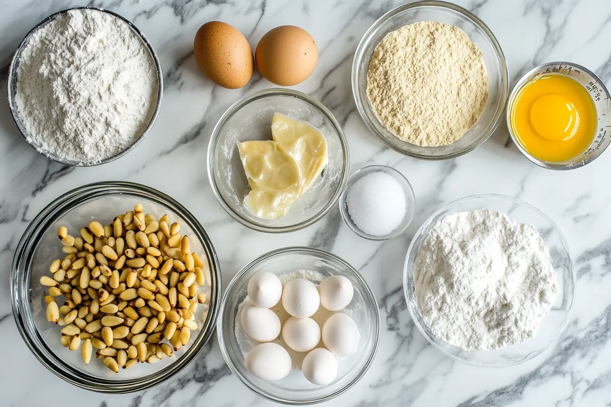 Pignoli cookie ingredients on white marble kitchen counter