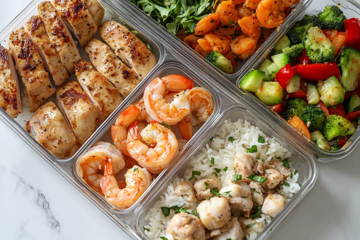 Healthy meal prep containers with proteins and vegetables