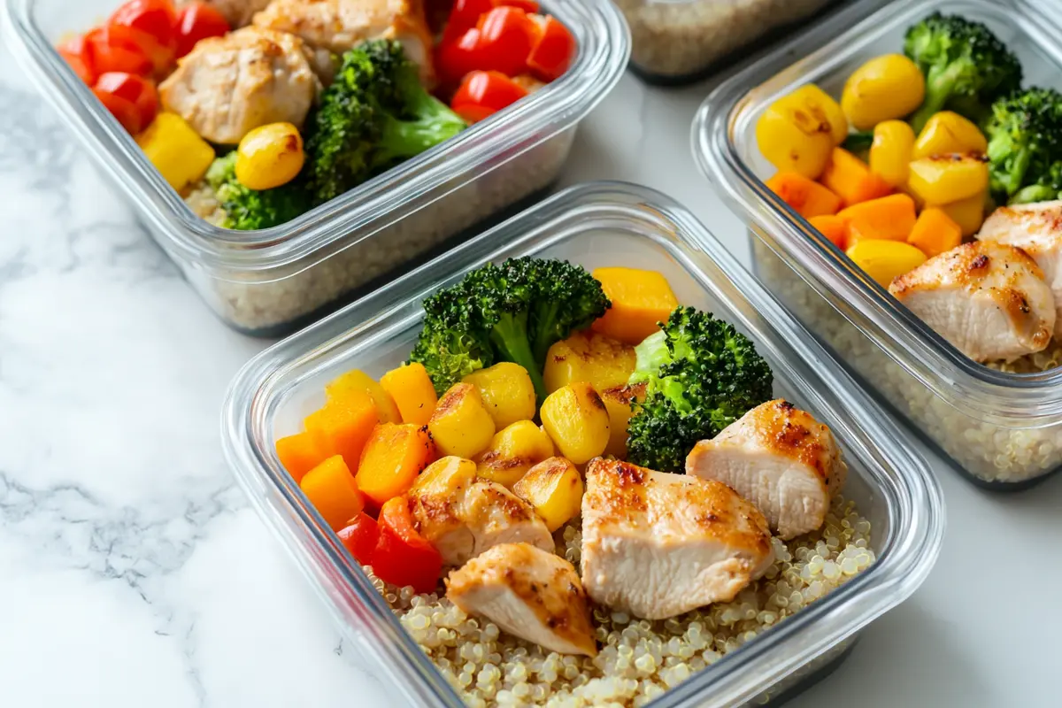 Prepared meal containers on marble kitchen counter