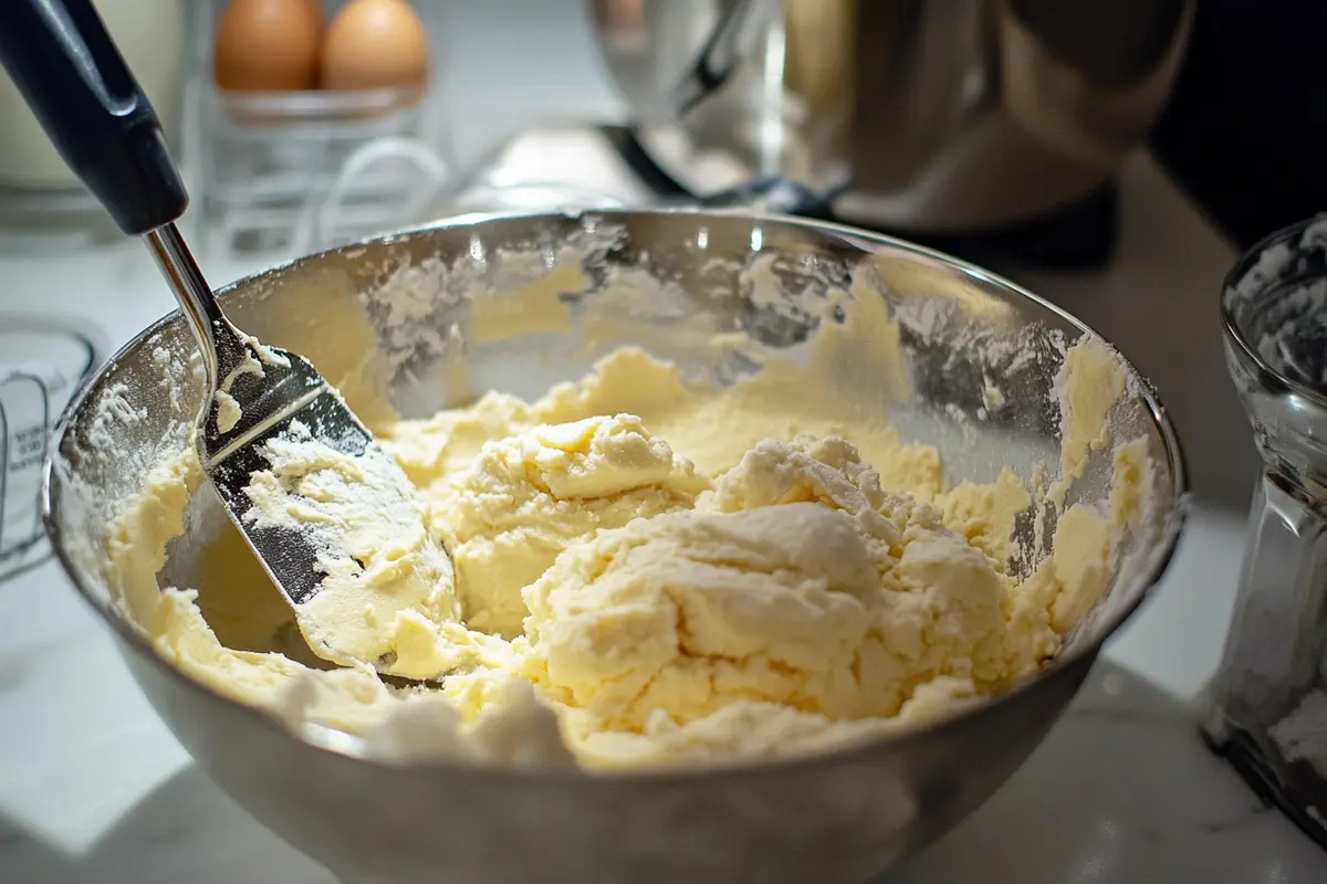 Pignoli cookie dough being mixed in a bowl with a spatula.